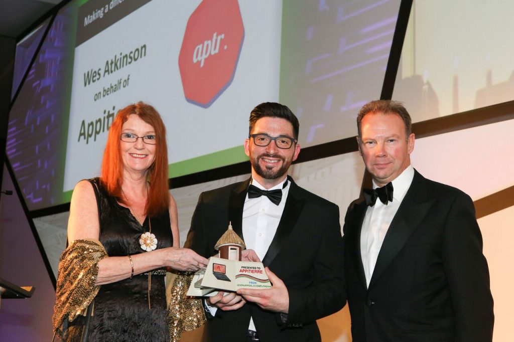 Wes Atkinson receiving the inaugural Learn Appeal Award on behalf of Appitierre from Jonathan Satchell, Chair of Trustees and Lesley Price, Senior Consultant